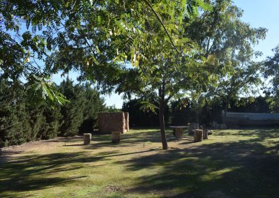 Jardín con arboles y lugares para sentarse